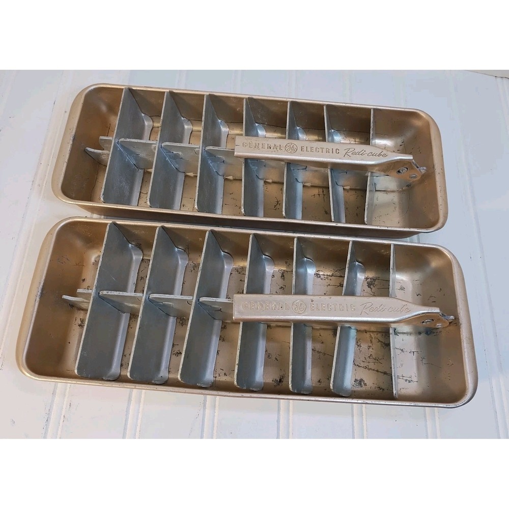 2 Vintage General Electric Redi-Cube Ice Tray  Metal Lever Gold Tone Retro READ